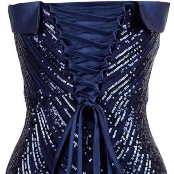 Gold Navy Blue Sequined Strapless Bodcongown Dress Corset Back Size 6 NWT - Picture 3 of 14
